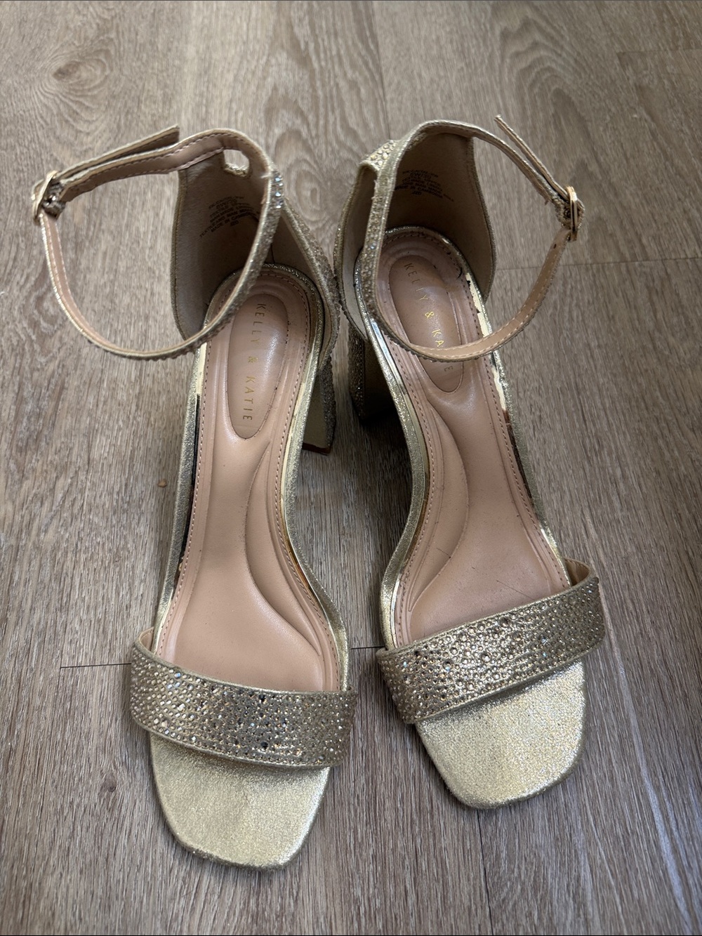 Kelly & Katie Gold Ankle-Strap Block Heels with Sparkle